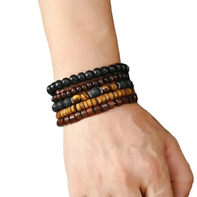 12Pcs Vintage Woven Faux Leather Bracelet Set, Tiger's Eye & Moonstone Beaded Bracelets, Fashion Accessories for Casual Party (B