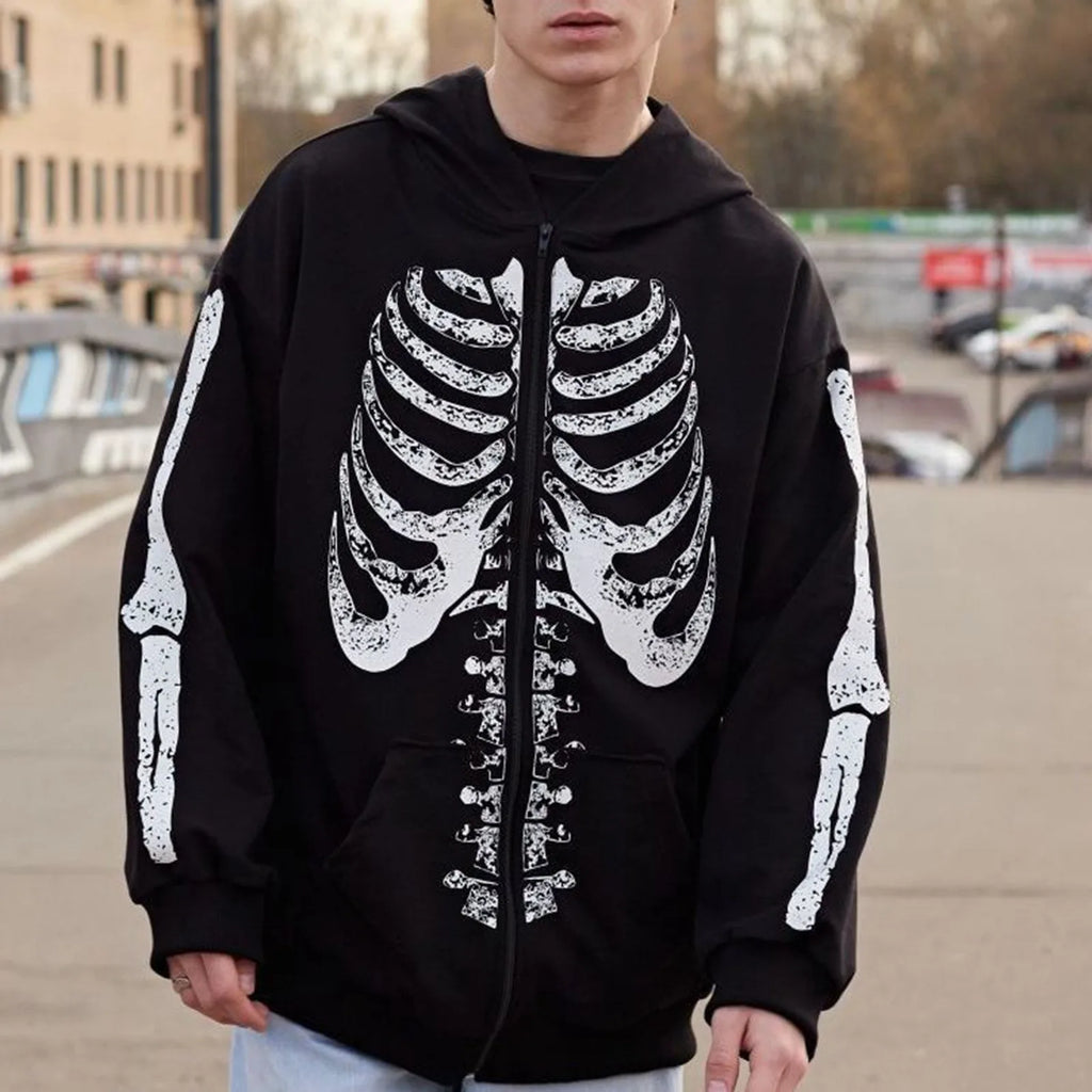 Autumn Winter Men'S Dark Style Skeleton Print Hoodies Casual Long Sleeve O Neck Zipper Clothing Street Fashion Vintage Coat