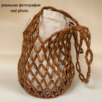 Women Woven Hand Bag Exquisite Design Hollow-out Wooden Bead Tote Bucket Shoulder Bag Female Handmade Beaded Handbag