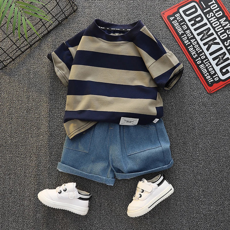 Summer Baby Boy Clothes Set 0-5 Years Old Solid Color Striped Casual Short Sleeve Top with Fashionable Handsome Shorts