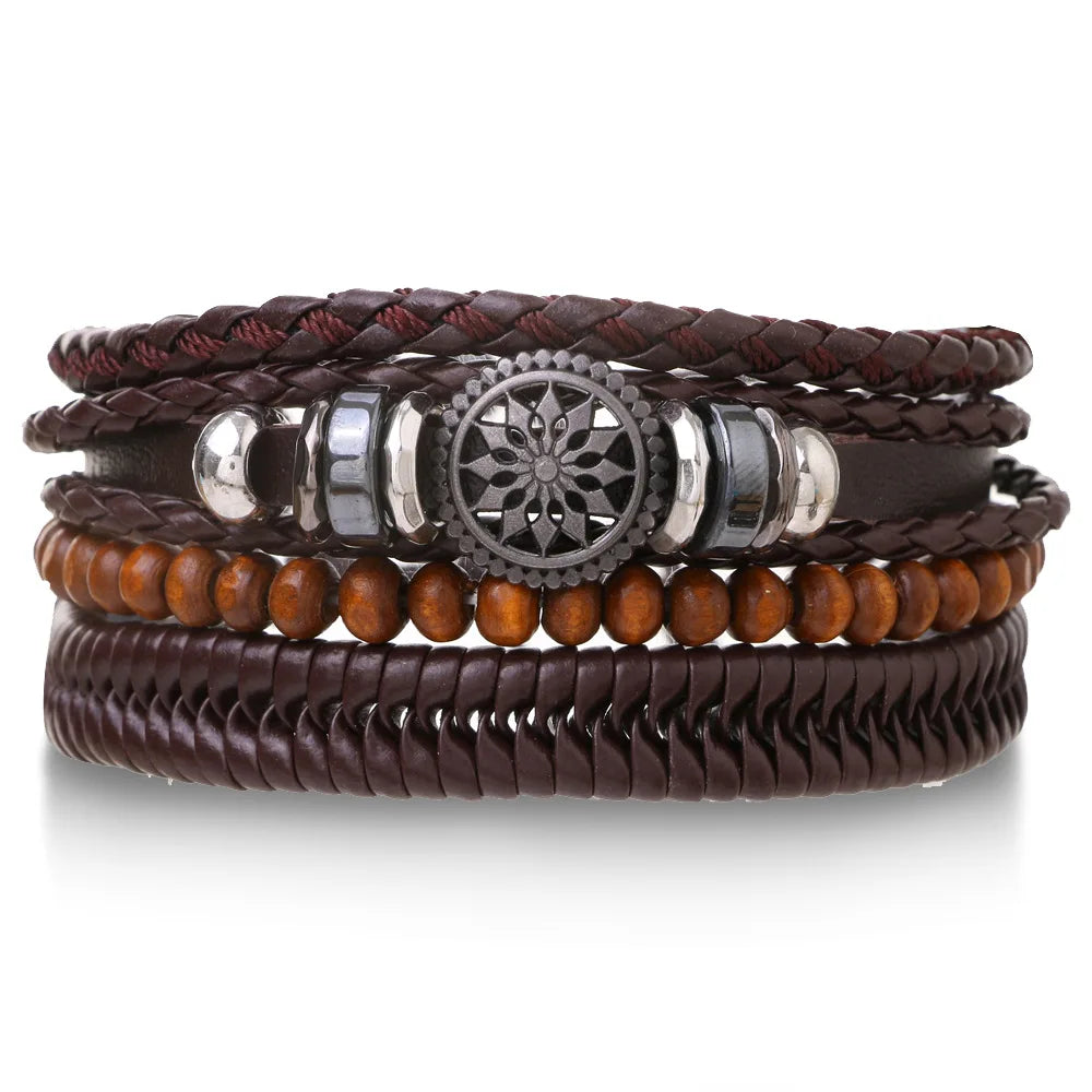 Set Braided Wrap Leather Bracelets for Men Vintage Life Tree Rudder Charm Wood Beads Ethnic Tribal Wristband Rope Bracelet