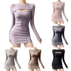 Women Bodycon Sweater Dress Y2k Korean Sexy Hollow Out Zip Up Short Dress Harajuku Female Ruched Long Sleeve Casual Vestidos