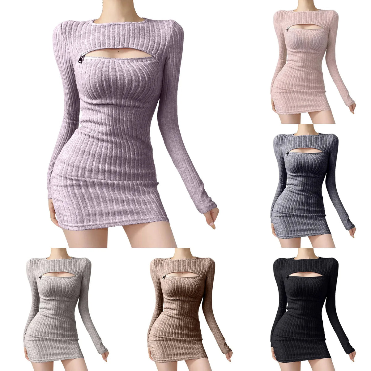 Women Bodycon Sweater Dress Y2k Korean Sexy Hollow Out Zip Up Short Dress Harajuku Female Ruched Long Sleeve Casual Vestidos
