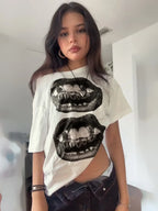 American Street Hip Hop Mouth Print Loose T-shirt Women Personalized Casual Top
