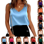 Women Satin Silk Lace Summer Tank Tops Camis Vest Blouse Casual Lady V-Neck Sleeveless Straps Vest Shirt Solid Pullover Tops
