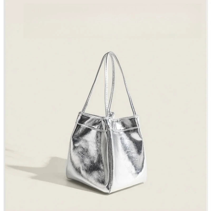 Sparkling Silver Mini Bucket Bag Glittery PU Drawstring Design Multifunctional Crossbody Handbag with Wallet for Ladies Daily Us