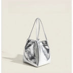 Sparkling Silver Mini Bucket Bag Glittery PU Drawstring Design Multifunctional Crossbody Handbag with Wallet for Ladies Daily Us