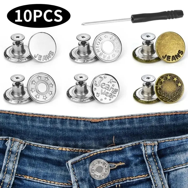 10Pcs/pack Jeans Buttons With Screwdriver Clothing Pants Sewing Accessories Waist Buckle 17mm Nail Free Waist Extenders Button