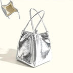 Sparkling Silver Mini Bucket Bag Glittery PU Drawstring Design Multifunctional Crossbody Handbag with Wallet for Ladies Daily Us