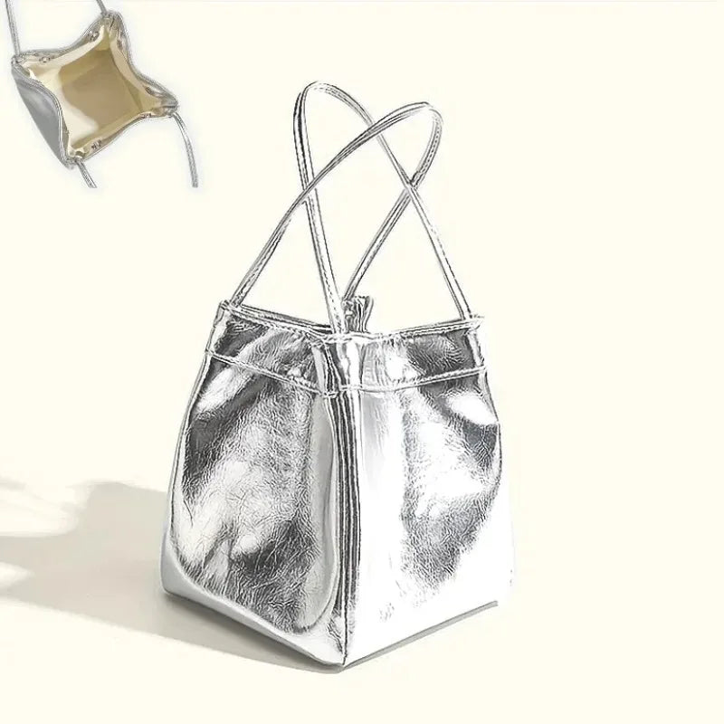 Sparkling Silver Mini Bucket Bag Glittery PU Drawstring Design Multifunctional Crossbody Handbag with Wallet for Ladies Daily Us