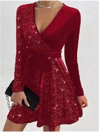 4 Color Sparkling Mini Dress Women's Sexy A-Line Long Sleeved Dress Spring Autumn Party Solid Color Dresses New Year