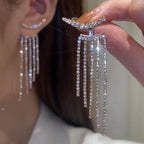 Silver Color Crystal Tassel Non-Piercing Cuff Ear Clip Earring For Women Shiny Rhinestone Chain Fake Cartilage Piercing Jewelry