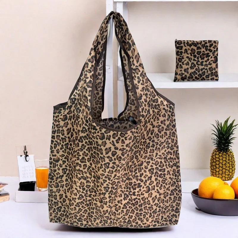 Large Capacity Leopard Print Hand Shopping Bag Women's Daily Folding Handbag