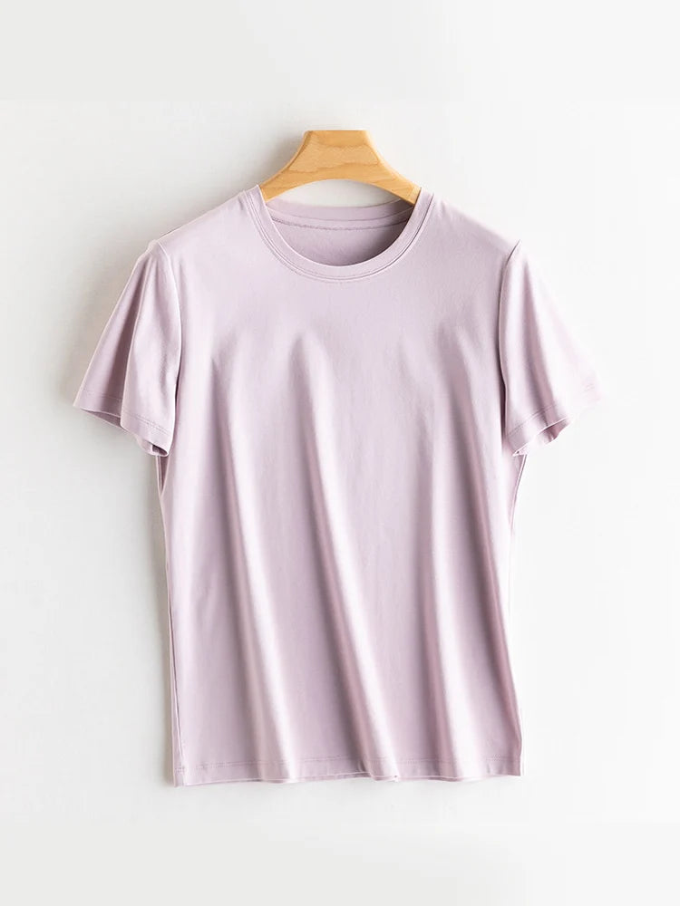SuyaDream Women Solid T Shirts, Silk Cotton Blend, O Neck, Short Sleeved Solid Tee, 2025 Summer Candy Colors Basic Cozy Top Gree