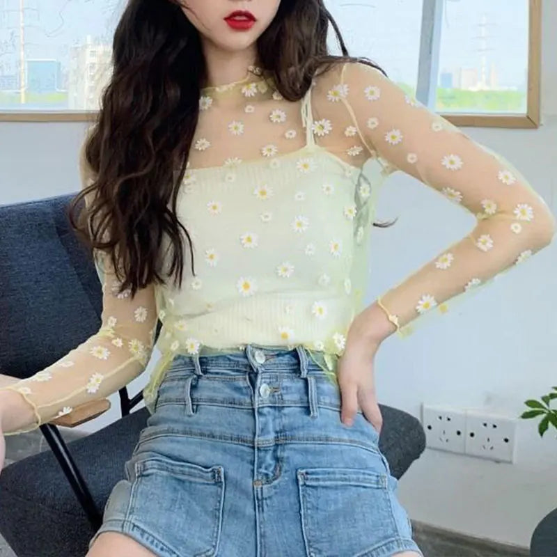 2026  Autumn Hollow Out Mesh T-Shirt Daisy Flower Pattern Crop Top sexy Transparent Long Sleeves Basic Tops For Women Lace Tops