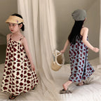 Sleeveless Beach Dress 2026 Summer Girls' Korean Version Suspender Long Dress Printed Rose Loose Dress For 2-9 Yrs Baby Girls