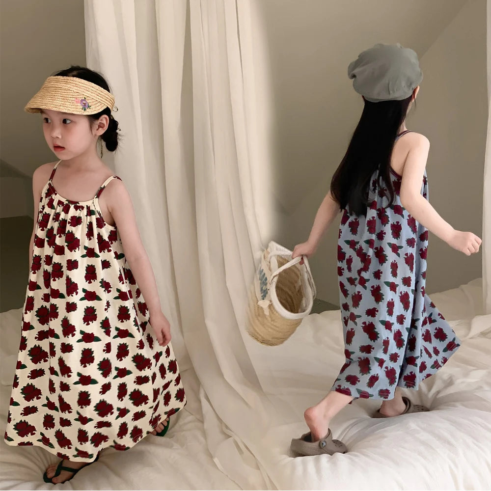 Sleeveless Beach Dress 2026 Summer Girls' Korean Version Suspender Long Dress Printed Rose Loose Dress For 2-9 Yrs Baby Girls