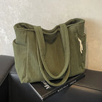 Casual Corduroy Handbag with Zipper Closure Light and Large Capacity Fixed Shoulder Strap Solid Color Daily Commuter Handbag