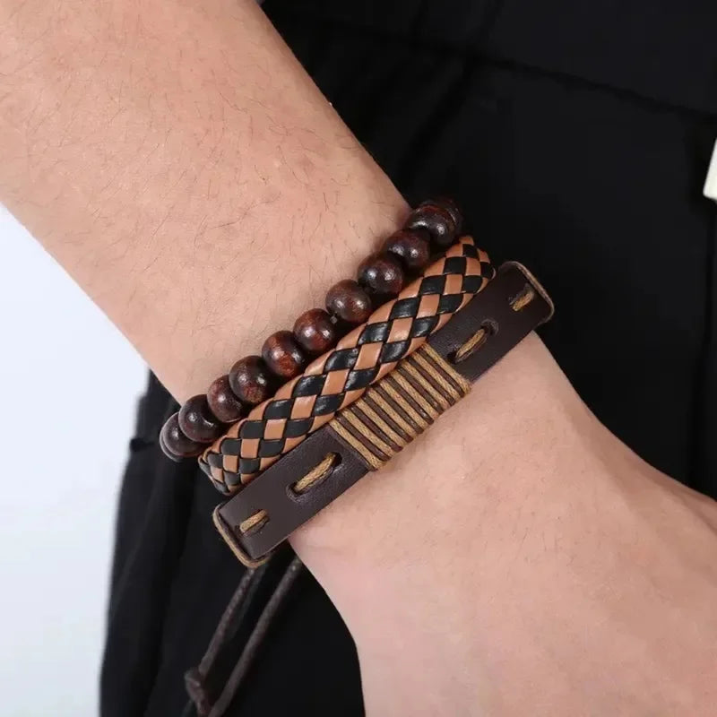 12Pcs Vintage Woven Faux Leather Bracelet Set, Tiger's Eye & Moonstone Beaded Bracelets, Fashion Accessories for Casual Party (B