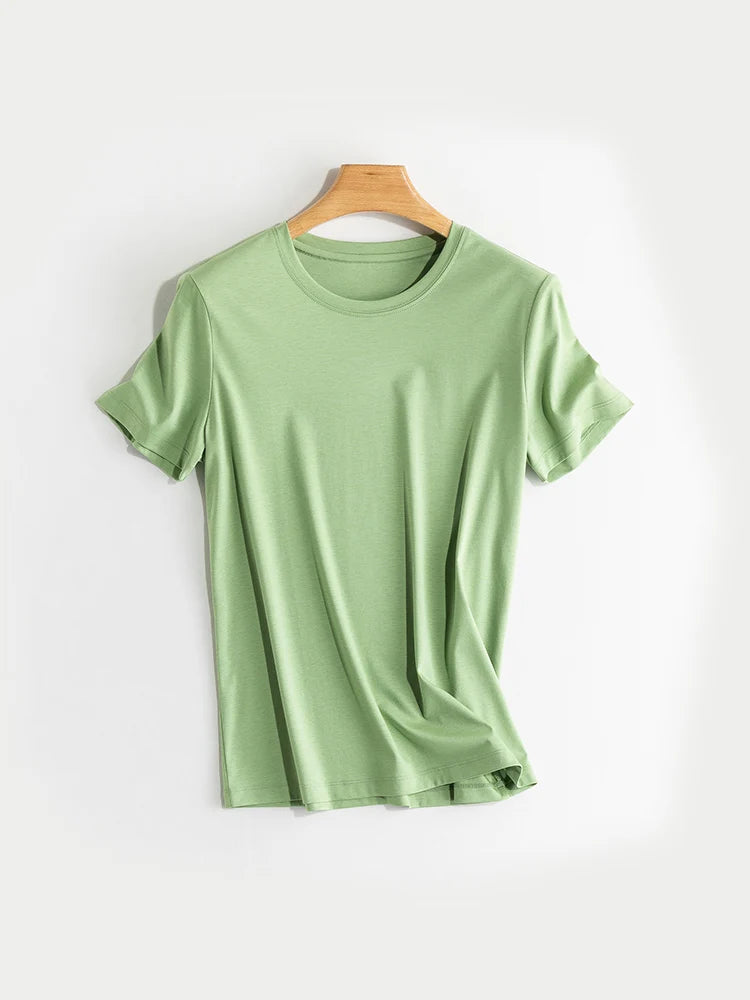 SuyaDream Women Solid T Shirts, Silk Cotton Blend, O Neck, Short Sleeved Solid Tee, 2025 Summer Candy Colors Basic Cozy Top Gree