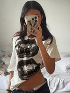 American Street Hip Hop Mouth Print Loose T-shirt Women Personalized Casual Top