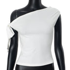 2025 Women'S Summer Ins Style New Shrink Pleated One-Shoulder Crop Top Backless Twist Tie Asymmetric T-Shirt Casual Top