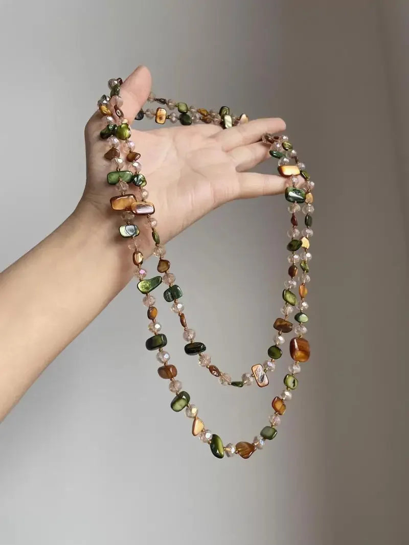 Bohemian Multicolor Irregular Natural Stone Shell Crystal Glass Beads Beaded Necklace for Women Long Strand Sweater Chain