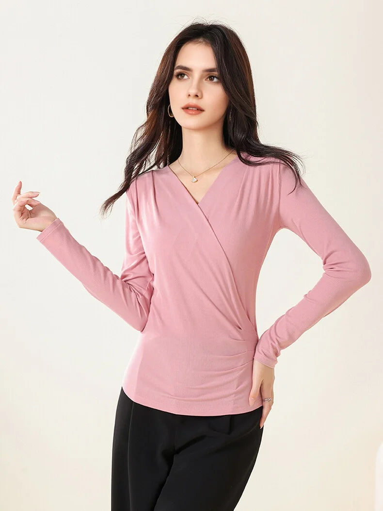 SuyaDream Women's Silk Blend T-Shirt, Wrapped V Neck, Long Sleeved, Ribs Knitted Basic Tee, Monochromatic, 2023 Fall, Winter