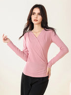 SuyaDream Women's Silk Blend T-Shirt, Wrapped V Neck, Long Sleeved, Ribs Knitted Basic Tee, Monochromatic, 2023 Fall, Winter