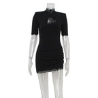 Lace Patchwork Hollow Out Bodycon Sheath High Collar Women Dresses Half Sleeves Outfits Sexy Club Fashion Female Mini Vestidos