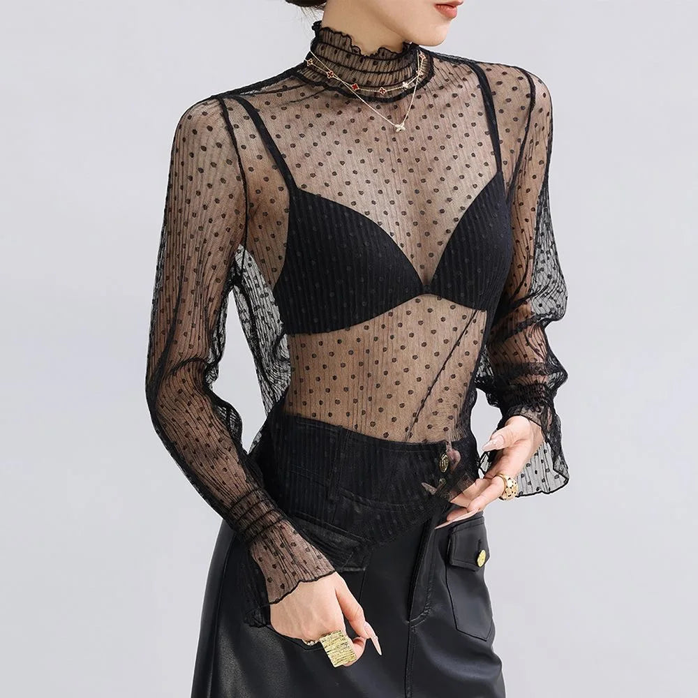 Sexy Women Mesh T-Shirts Transparent Lace Blouse Long Sleeve See Through Tops For Women O Neck Sheer Tees Body Crop Top
