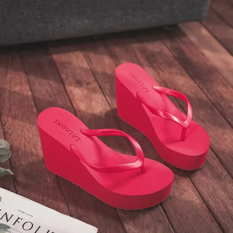 EOFK New Women Flip Flops Wedges Comfort Summer Platform Slippers Outdoor Concise Beach High Heel 9cm Casual Slides