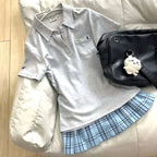 Deeptown Blue Polo Shirts Women Shoujo JK Japanese Preppy Style White T-shirts Short Sleeve Embroidered Tees Basic Pink Tops