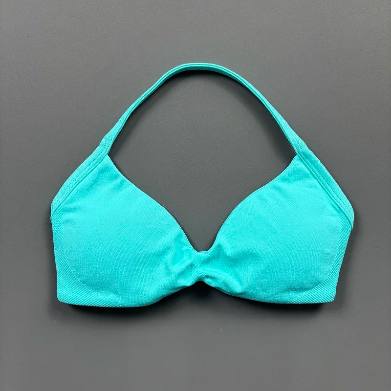 HISTELLO Sports Bra Push Up Strappy Sexy Open Back Gym Crop Top Removable Cups Women Workout Clothing Gym Top Halter Sport Bra