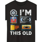 Retro Vintage Media Technology T-Shirt - Nostalgic Cassette VHS Floppy Disk Print Short Sleeve Round Neck Tee - Digital Heat Transfer Casual Shirt for Tech Conventions & Casual Attire