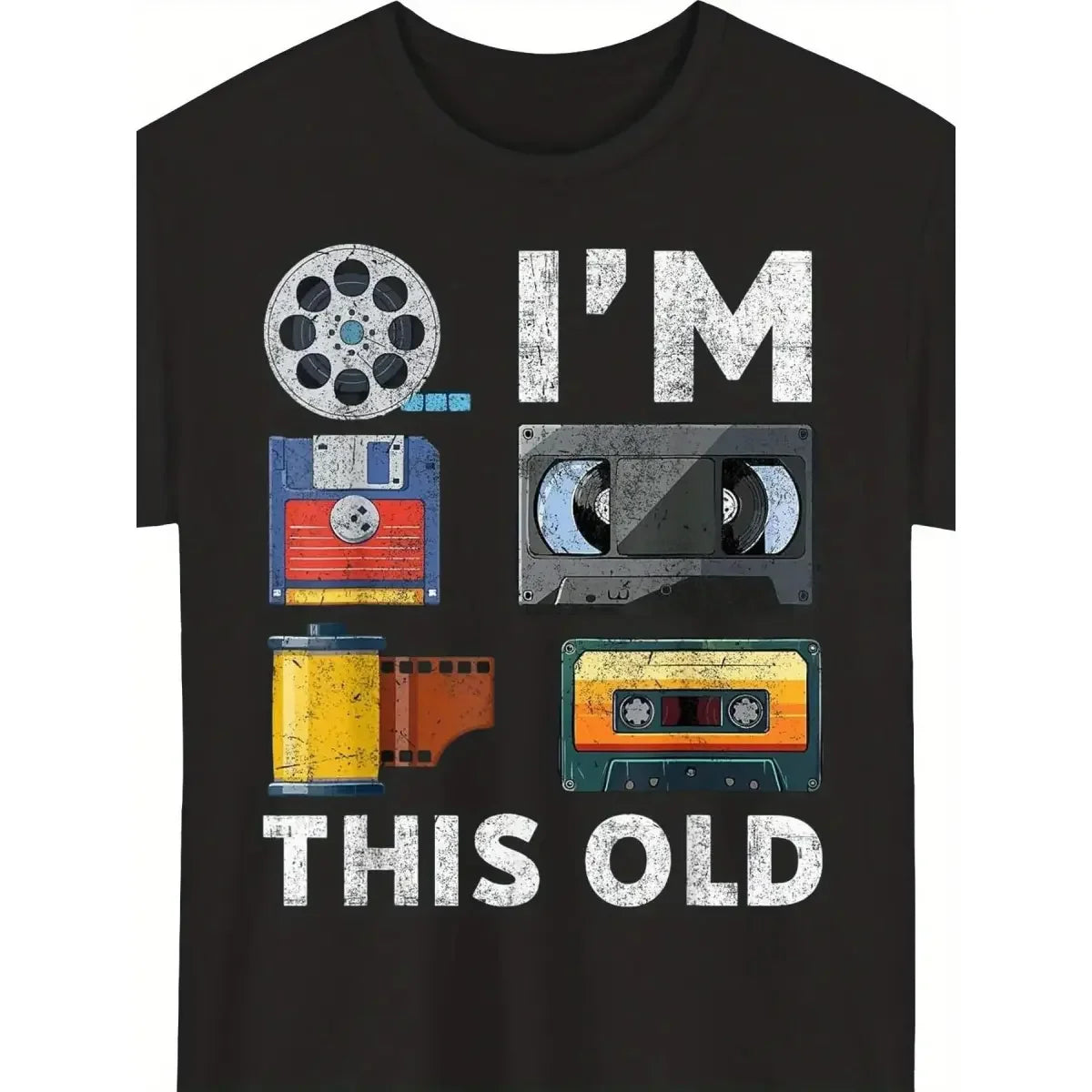 Retro Vintage Media Technology T-Shirt - Nostalgic Cassette VHS Floppy Disk Print Short Sleeve Round Neck Tee - Digital Heat Transfer Casual Shirt for Tech Conventions & Casual Attire