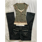 Y2k Clothes T-shirt Harajuku Korea Y2k 90s Goth Punk Vintage Crop Top Summer Fake 2Pieces Slim Lace Hot Girl Tee Emo Grunge Chic