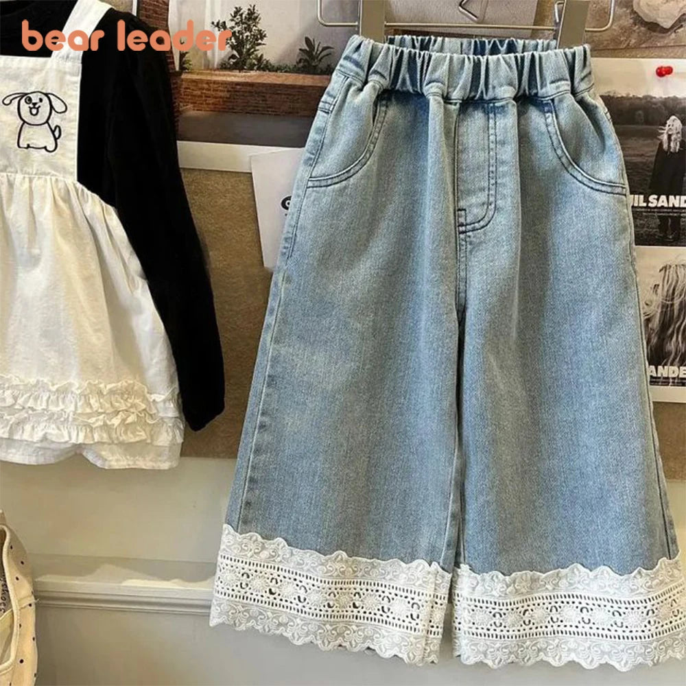 Bear Leader Summer New Blue Jeans 2-7-year-old Simple Kids Clothes Girls Korean Edition Fashion Lace Decoration Casual Pants