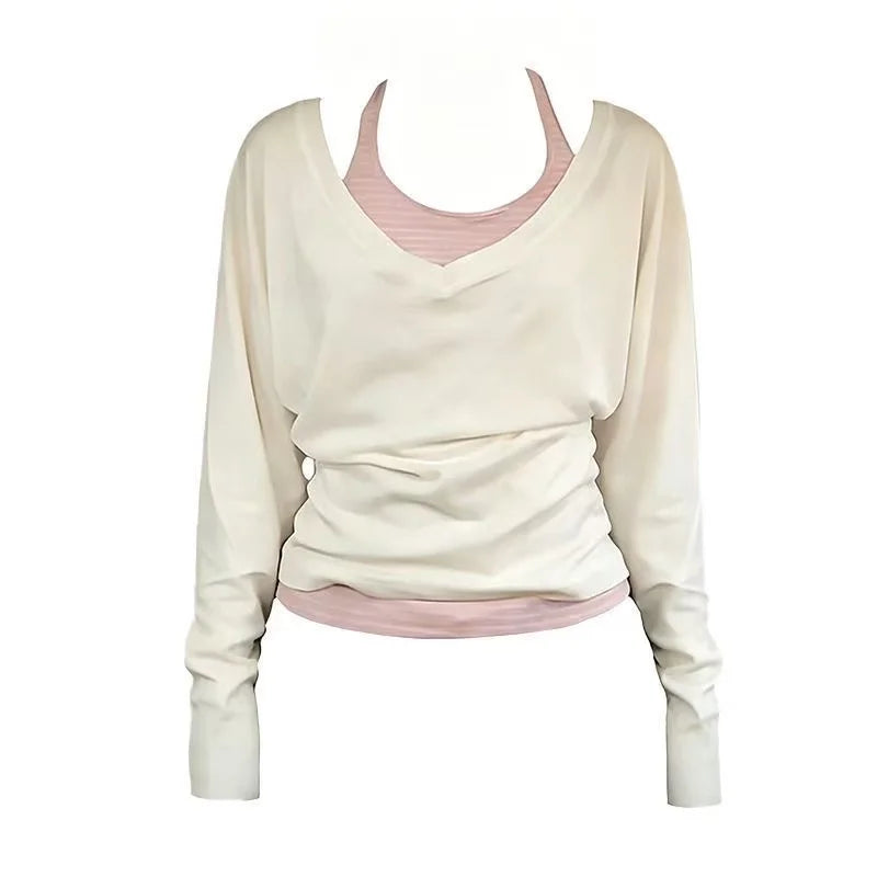 Y2K Retro T-shirt 2000s Spliced Long Sleeve Pullover Two Piece Set Women Slim Fit Japanese Blouse Korean Casual Daily Outfit