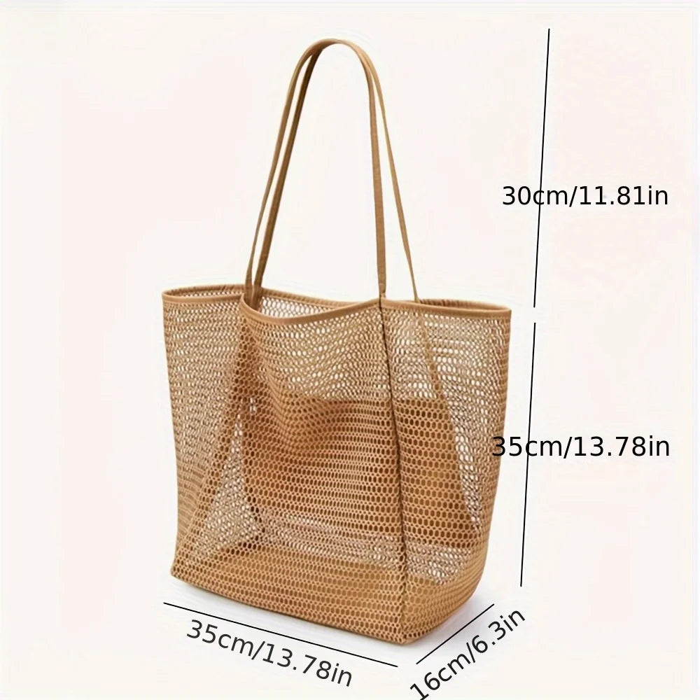 Women's Large Capacity Beach Tote Bag - Durable Polyester Woven Shoulder Bag with Open Top for Travel, Shopping