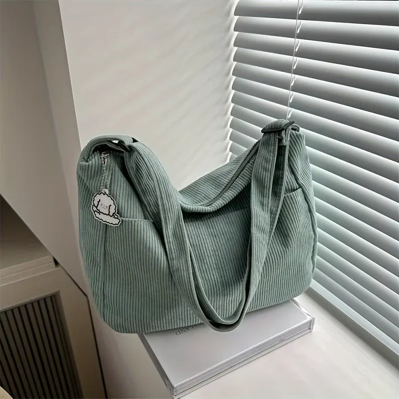 Women’s Corduroy Shoulder Bag, Casual Striped Large Capacity Tote with Zipper Closure, Cute Hat Patch, Perfect for Everyday Use