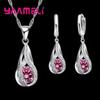Hot Water Drop CZ 925 Sterling Silver Plated Jewelry Set For Women Pendant Necklace Hoop Earrings Wedding Party Ceremoey Anel