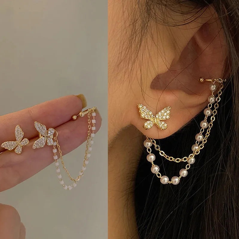 Silver Color Crystal Tassel Non-Piercing Cuff Ear Clip Earring For Women Shiny Rhinestone Chain Fake Cartilage Piercing Jewelry