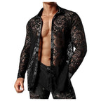 Men'S Foreign Trade Lace Shirt Transparent Sexy Long Sleeve Shirt Disco Party Fashionable Shirt Men'S Short-Sleeved Shirt