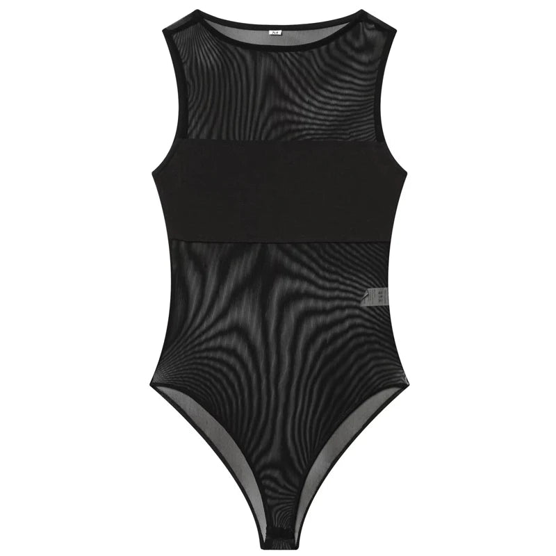 HXAO Sexy Transparent Tulle Bodysuit Women Summer 2026 Chic Black Corset Bodys Woman Bodycon Sleeveless Thong Bodysuit Mesh Tops
