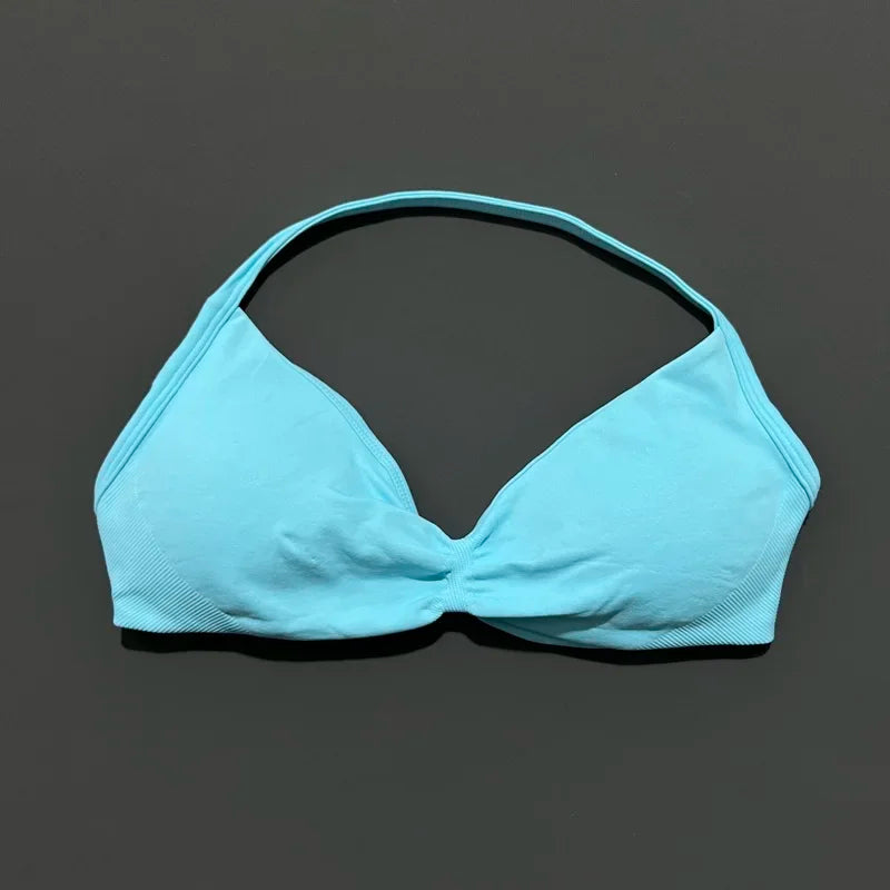 HISTELLO Sports Bra Push Up Strappy Sexy Open Back Gym Crop Top Removable Cups Women Workout Clothing Gym Top Halter Sport Bra