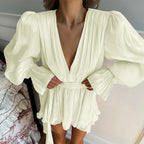 Linad 2025 Short Belt Party Dress Female Summer Flare Sleeve A Line Dress Casual High Waist Slim Dress For Women 2025 Yellow