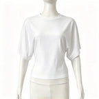 Women Round Neck Batwing Short Sleeve T-shirt Solid Color Slim Waist Casual Daily Basic Tee Stretchy Soft Comfort Knit Lady Tops