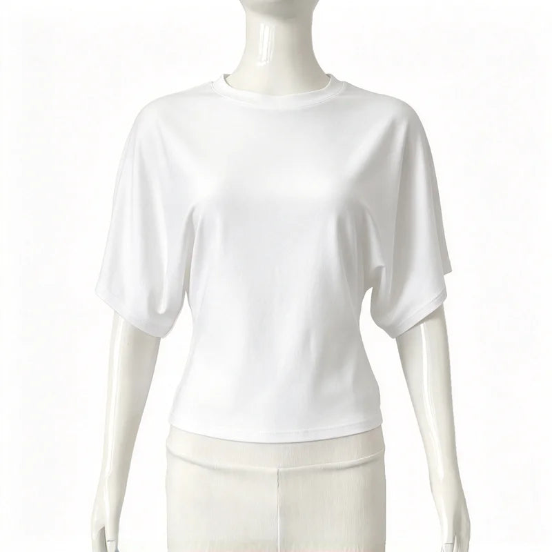Women Round Neck Batwing Short Sleeve T-shirt Solid Color Slim Waist Casual Daily Basic Tee Stretchy Soft Comfort Knit Lady Tops