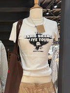 Casual Women Letter Print Slim Crop Top Round Neck Cotton Short Sleeve Summer Casual Vintage Tees Female Streetwear T-shirts New